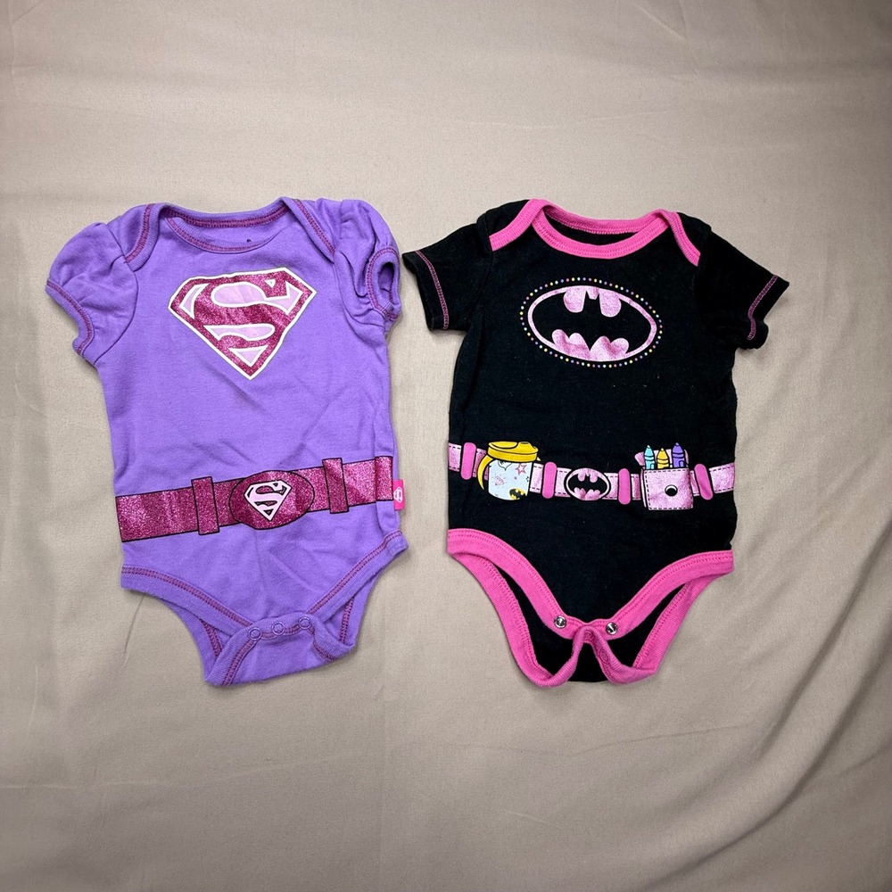 DC Comics Supergirl and Batgirl Baby Bodysuits Set 0-3M Purple Black Glitter